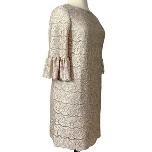 Cocktail Dress Lace Sheath Dress Jessica Howard Bell Sleeves Lt Beige Sz 8 - Picture 1 of 6